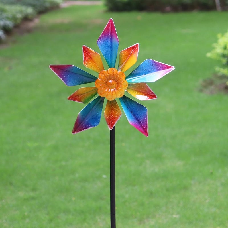 LERFUGI 10" Small Metal Wind Spinner for Garden, 48" Tall Outdoor Flower Yard Decoration – Rainbow Gradient Petals, Weather-Resistant Garden Stake Spinner for Patio & Planter - Image 2